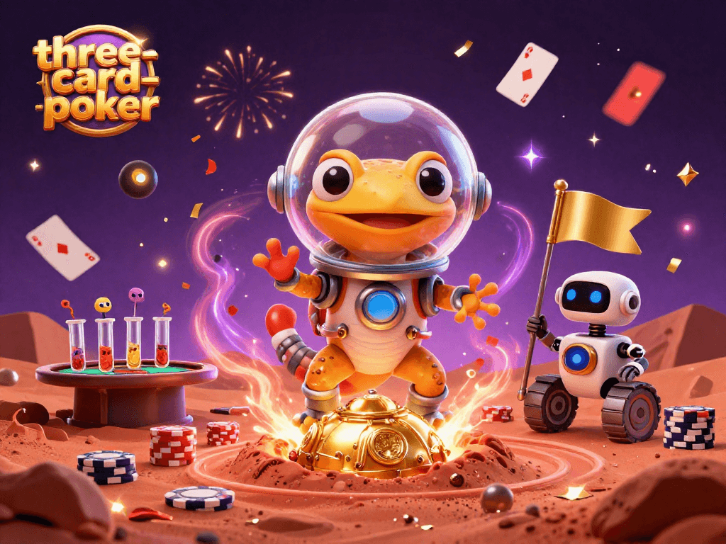 Engage with three-card-poker excitement as a Martian gecko and robot discover a vibrant casino.
