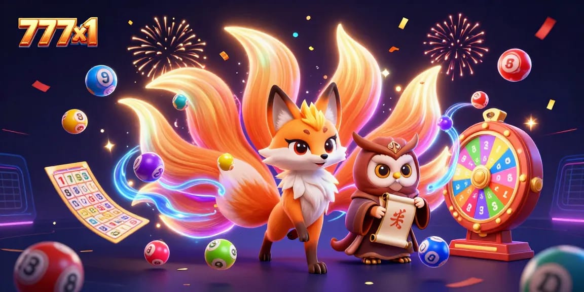 Win big at 777x1 with the colorful animated casino-themed illustration featuring lucky symbols and characters.