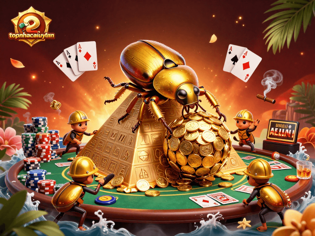 topnhacaiuytinn showcases a golden dung beetle rolling a fortune of coins in a vibrant casino context.