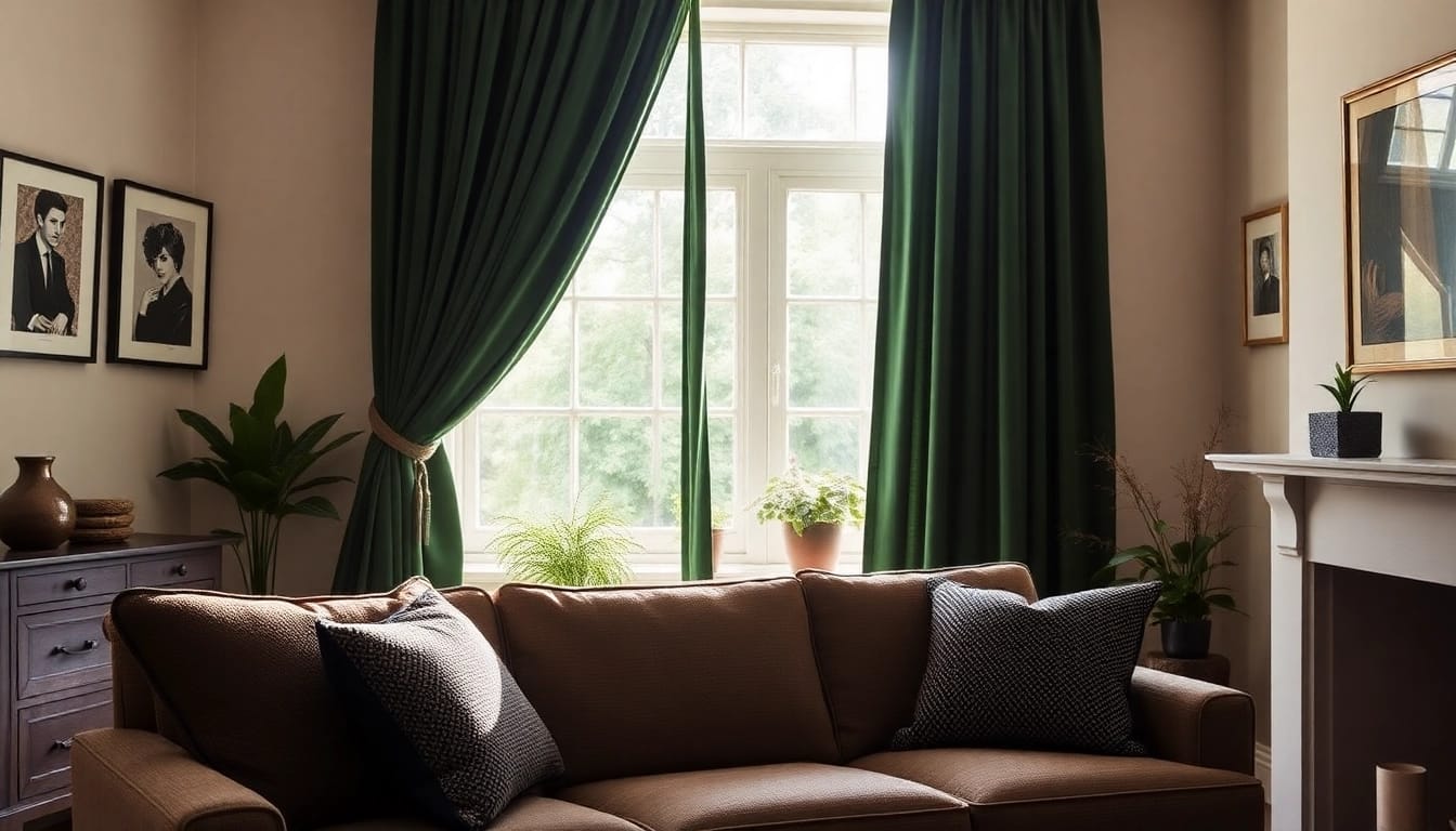 Verken de luxe uitstraling van gordijnen velours die elegant hangen in een stijlvolle woonkamer.