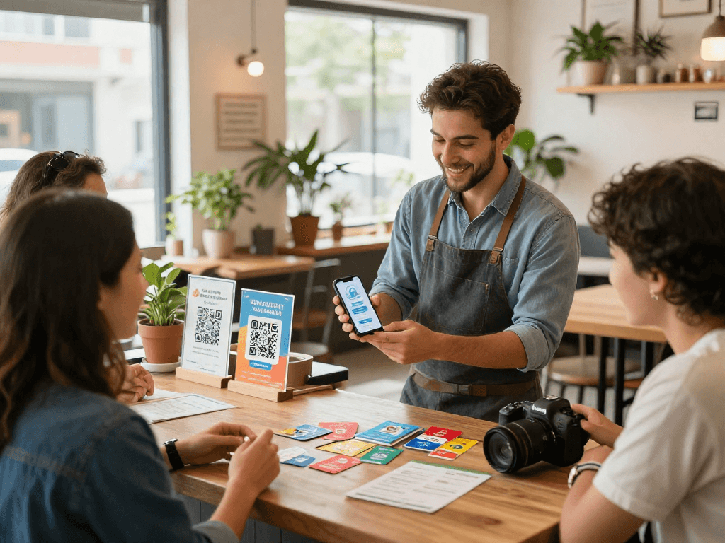 Customers using the loyalty app at a cafe, showcasing engagement and community building.
