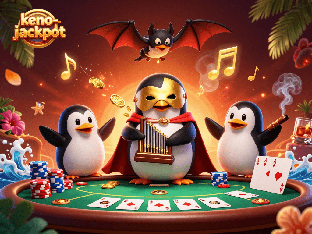 Spin the keno-jackpot with golden coins showering as the phantom penguin entertains in a vibrant casino scene.