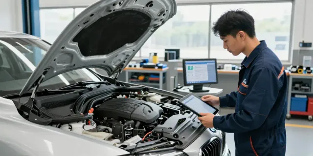 bmw werkstatt hannover mechanic inspecting BMW engine in a modern repair shop