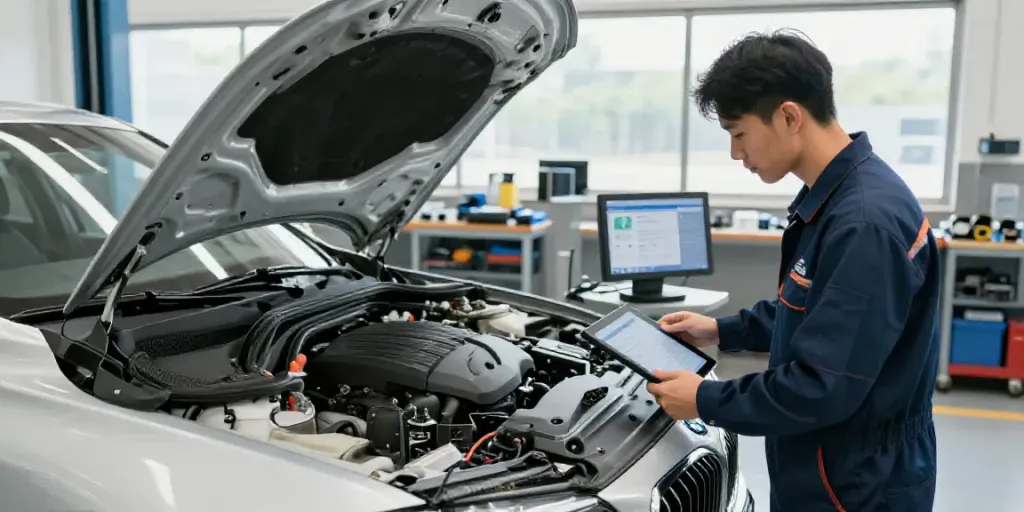 bmw werkstatt hannover mechanic inspecting BMW engine in a modern repair shop