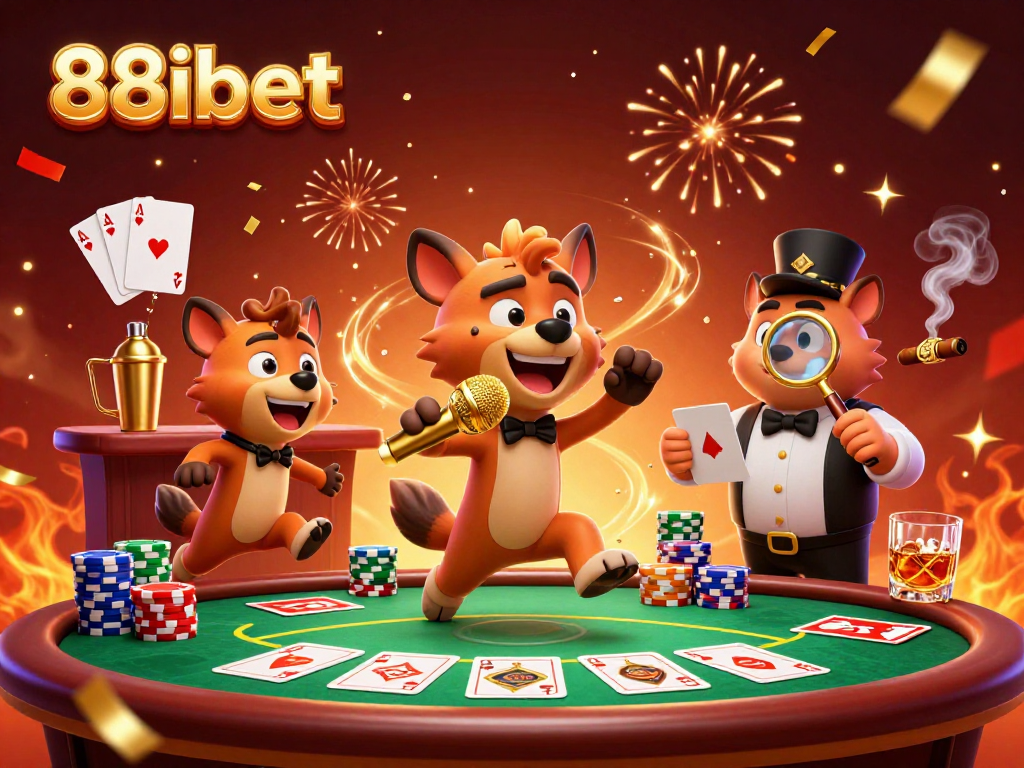88ibet hyena comedy casino scene with poker chips, drinks, and a funny mic.