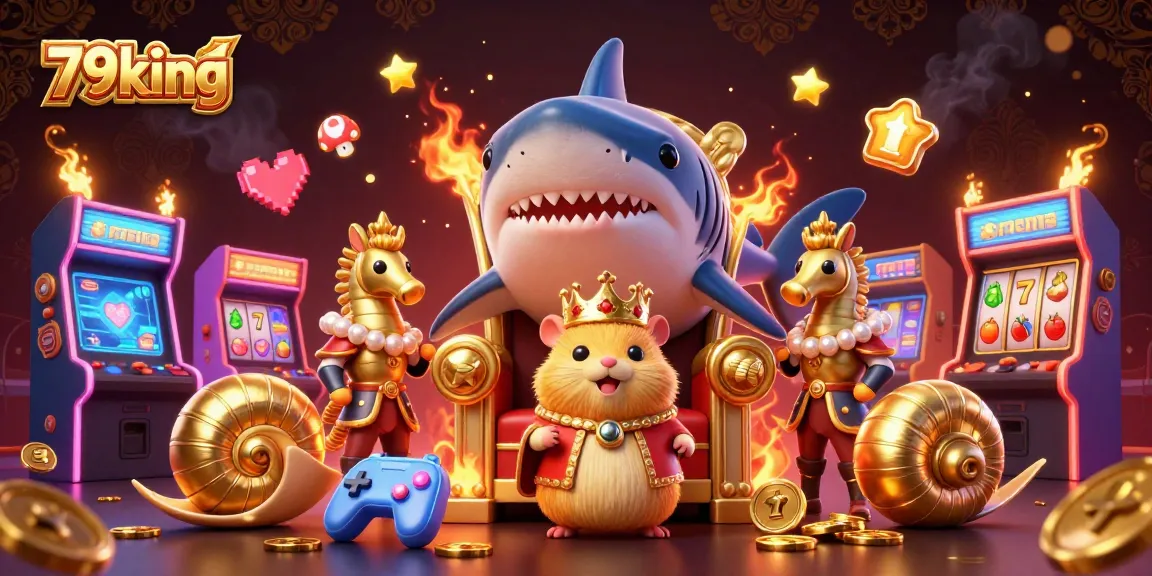79king showcases a vibrant 3D casino scene with a hamster king amidst slot reels and arcade excitement.