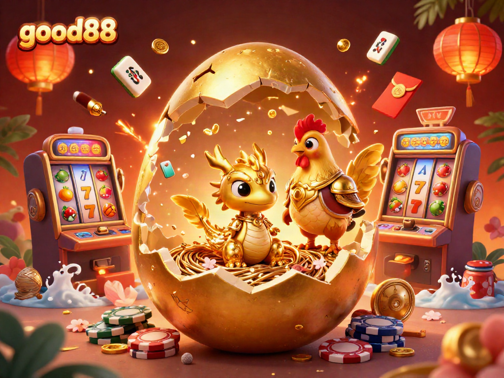 Experience the excitement of good88 with a golden dragon on poker chips, celebrating with jackpot symbols.