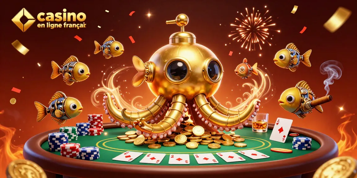 À travers une mer de pièces d'or, une illustration de casino en ligne français avec kraken et poker.