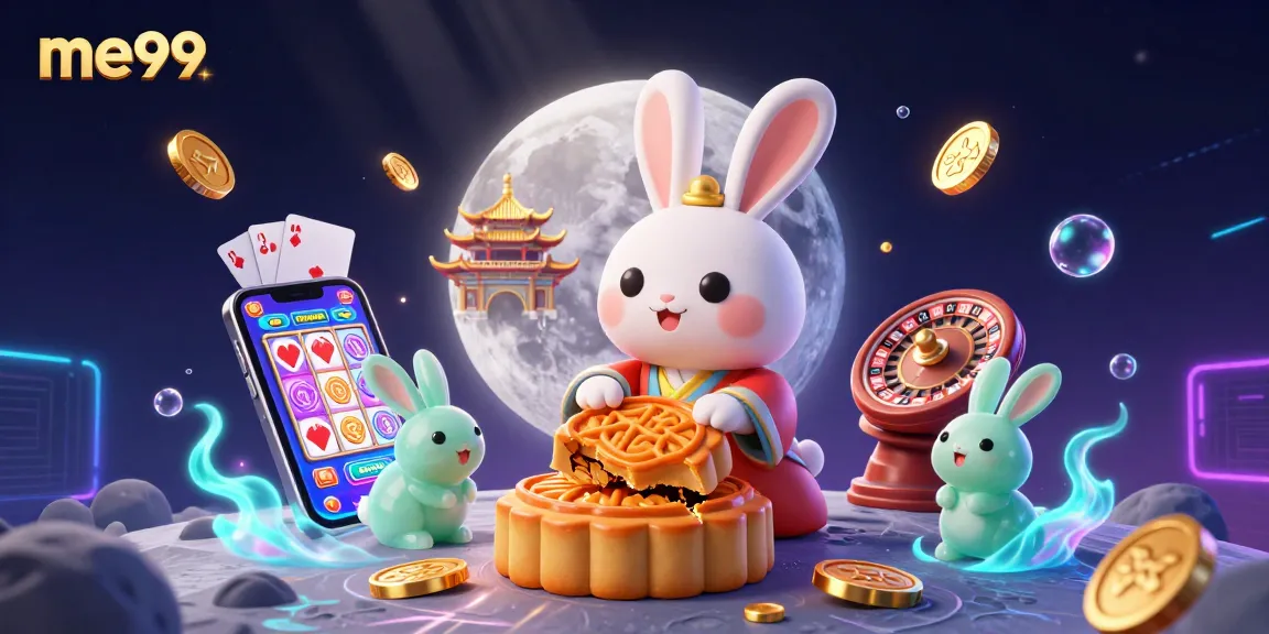 Experience me99 casino thrills with a moon rabbit, poker chips, and vibrant gaming elements.