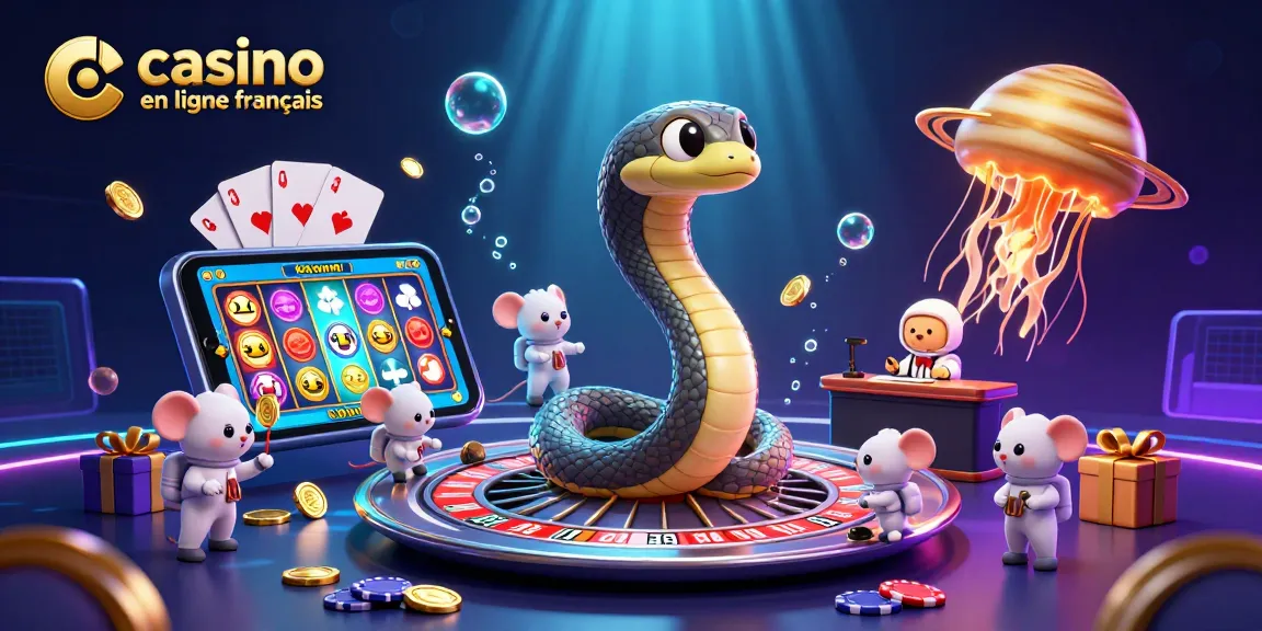 Profitez de l'ambiance du casino en ligne français avec un serpent de Saturne et des astronautes pariant.