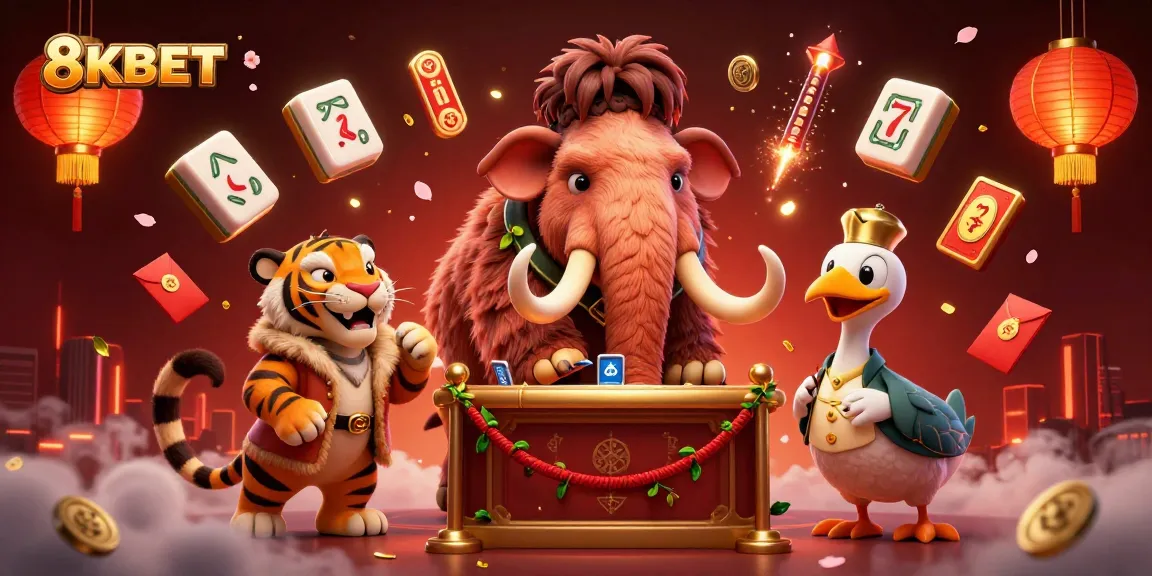 Engaging 8KBET casino scene with a mammoth bouncer, saber-tooth tiger, and lively gambling elements.