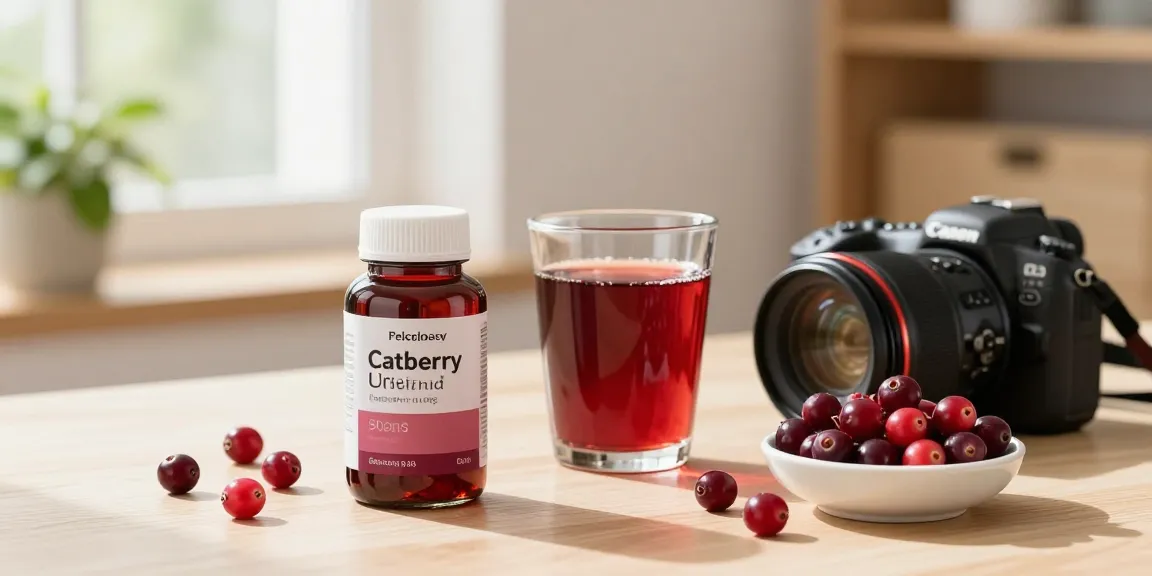 Canneberge et confort urinaire : compléments et jus de canneberge sur une table lumineuse et apaisante.