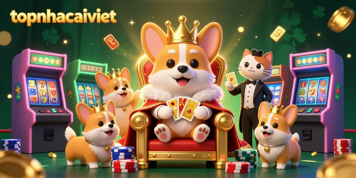 Engage with topnhacaiviet as a royal corgi on a poker chip throne presents thrilling casino games and winning options.