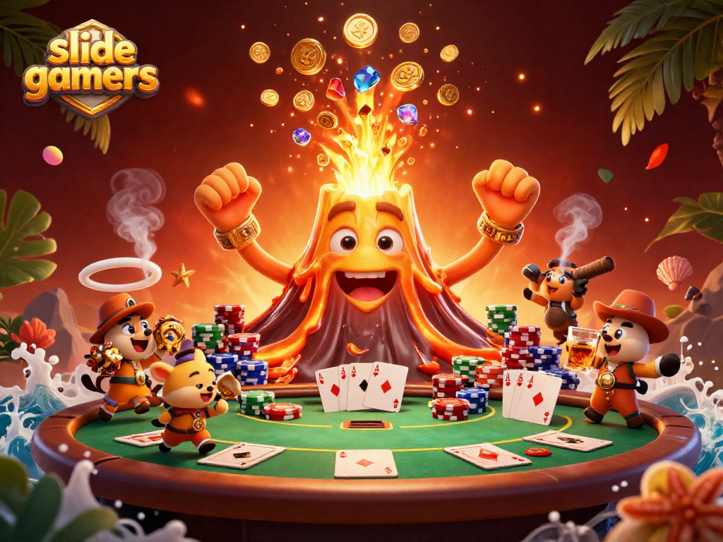 Experience the excitement of slidegamers with a vibrant casino scene filled with treasures, poker elements, and dramatic lighting.