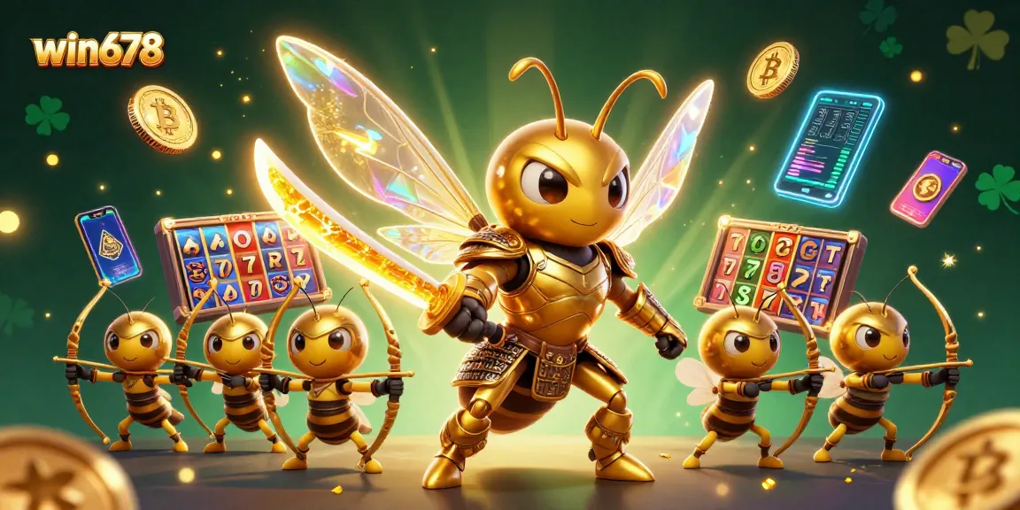Win678 promotes exciting gaming with 3D characters, slot elements, and cryptocurrency coins in a vibrant scene.