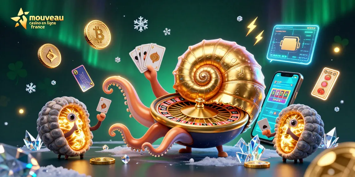 Jouez au nouveau casino en ligne France avec une illustration 3D détaillée d'un nautilus et des éléments de jeu captivants.