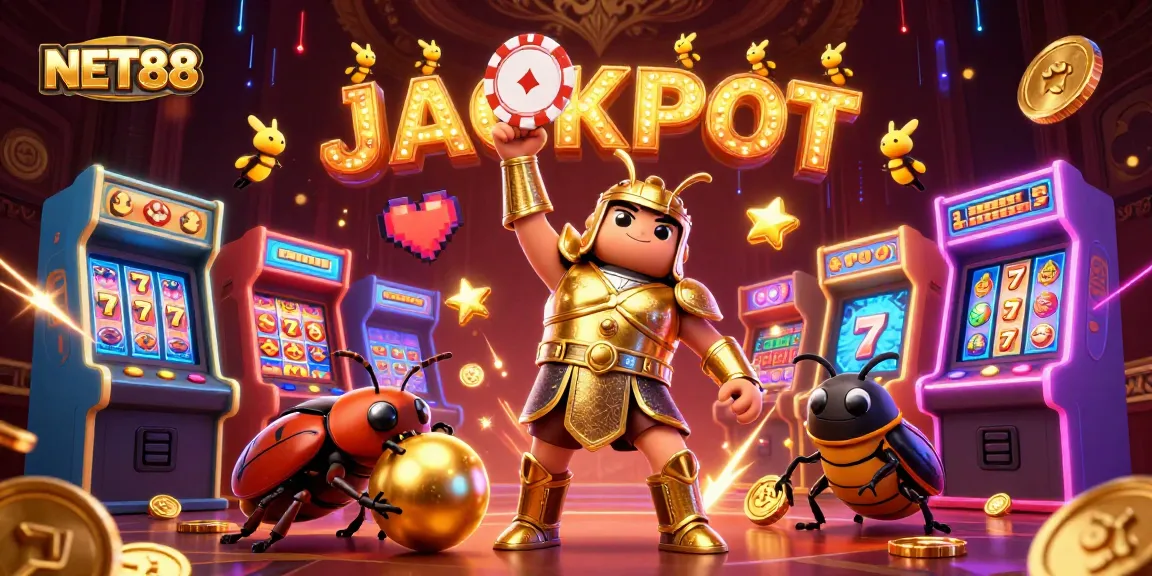 Celebrate your win at NET88 with a triumphant beetle lifting a poker chip amidst dazzling casino elements.