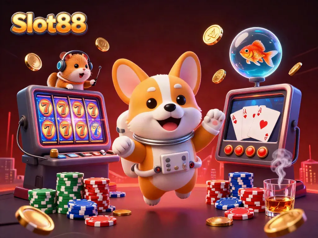Engage with Slot88 in a carnival of floating poker chips and slot games featuring an astronaut corgi.