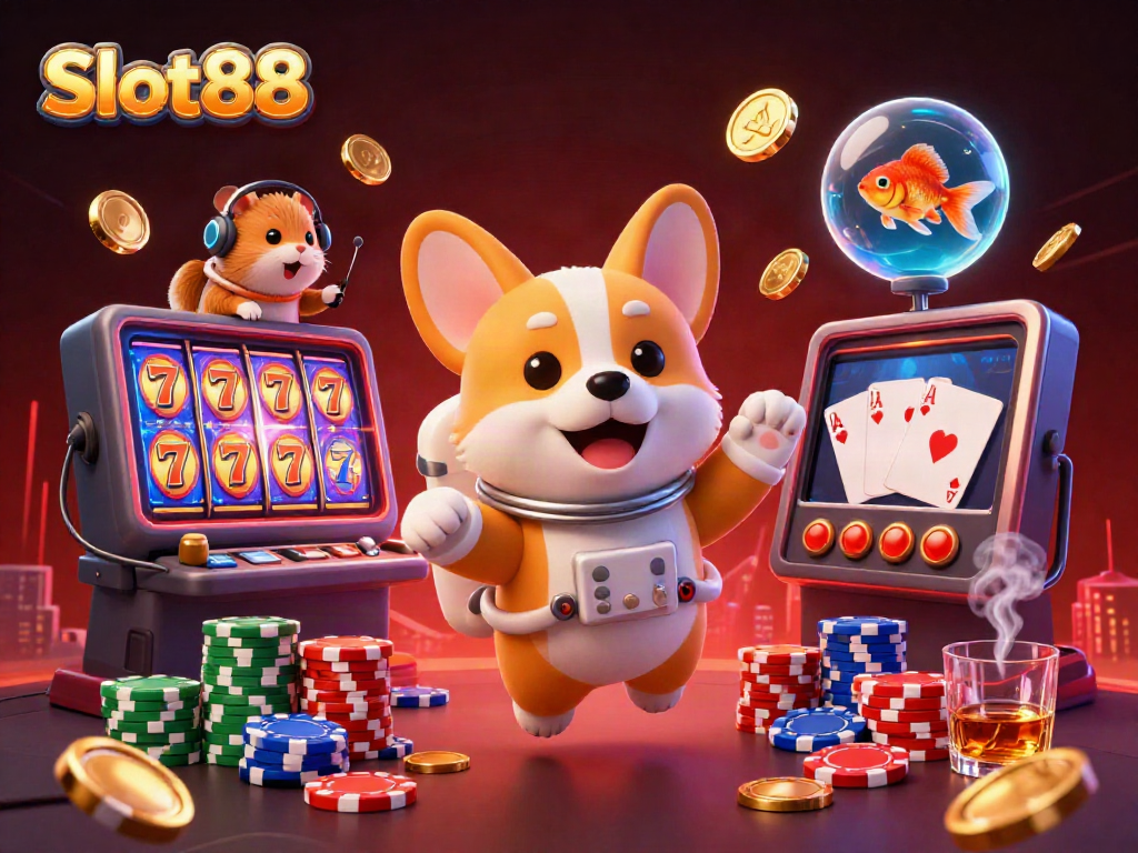 Engage with Slot88 in a carnival of floating poker chips and slot games featuring an astronaut corgi.
