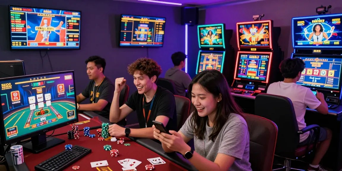 Exciting pasaran togel gaming atmosphere with players engaged in online gaming and live sports betting.