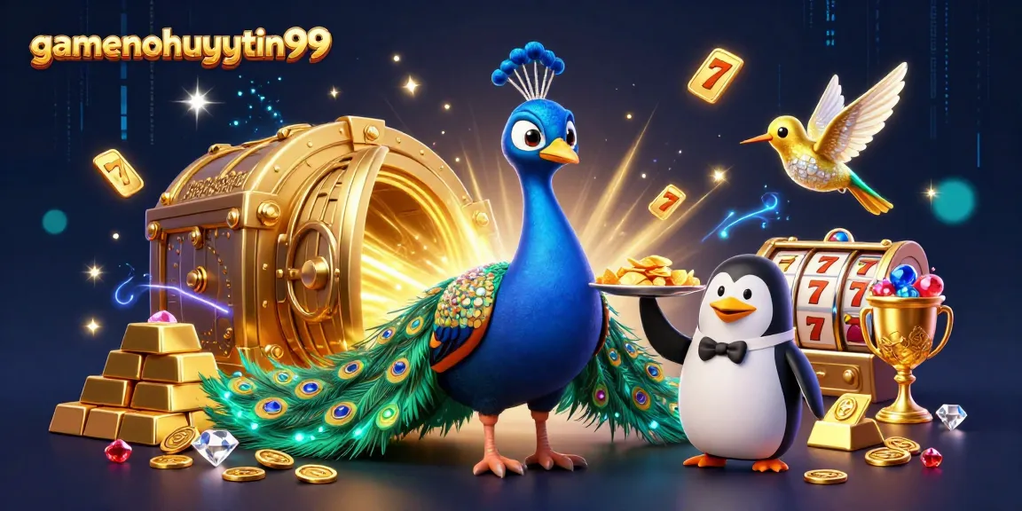 Engage with gamenohuuytin99's stunning casino adventure featuring a peacock, butler penguin, and hummingbird.