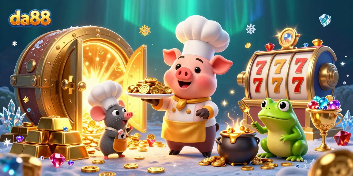da88's vibrant casino scene featuring a pig chef and gold elements for exciting gambling gameplay