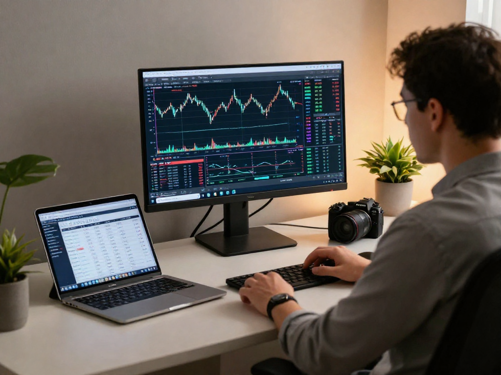 Trader using MetaTrader 5 for financial analysis and trading in a modern office.
