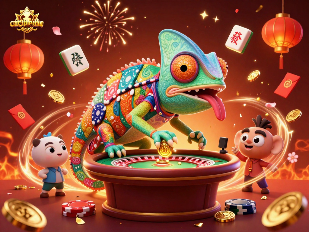 Cotyphu-nohu unleashes a vibrant casino scene with a colorful chameleon owner and floating mahjong tiles.