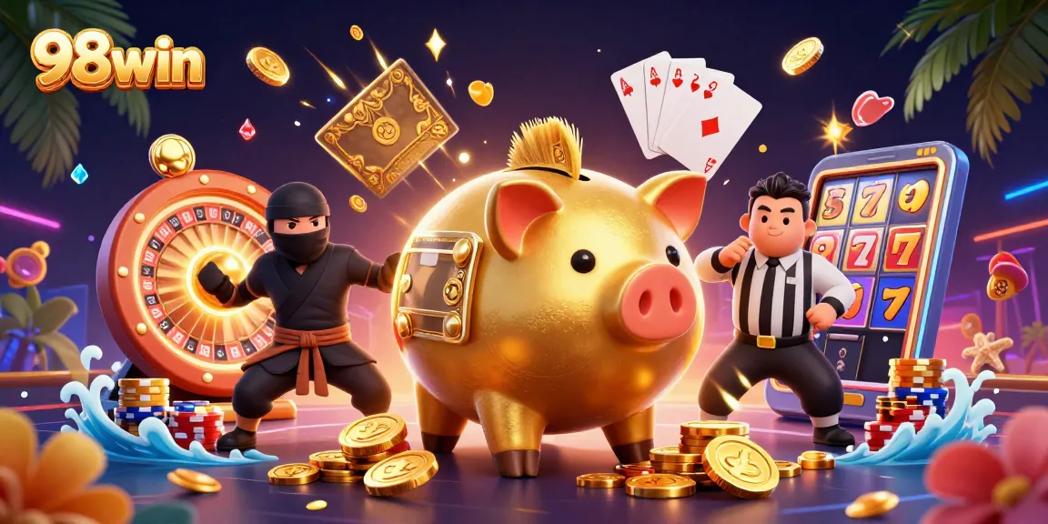 Experience the thrill of 98win with an action-packed casino illustration featuring dynamic characters and rich visuals.