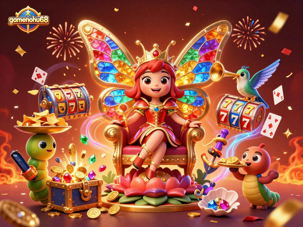 Experience the vibrant energy of gamenohu68 with a dynamic casino-themed illustration featuring a butterfly queen and slot elements.