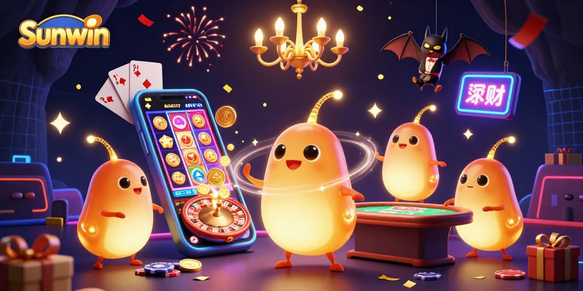 Experience the excitement of Sunwin casino with vibrant glowworms illuminating a dynamic gaming scene.
