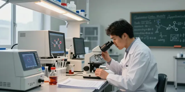 Researcher in lab analyzing semaglutide research peptide samples, highlighting scientific exploration.