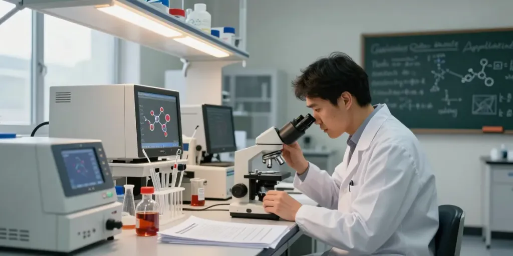Researcher in lab analyzing semaglutide research peptide samples, highlighting scientific exploration.