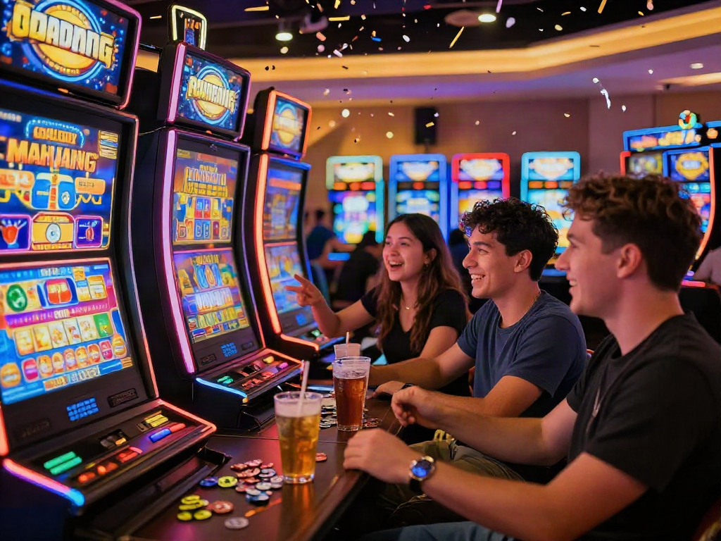 Players enjoying the Slot Gacor MAHJONGJP88 gaming experience in a lively casino.