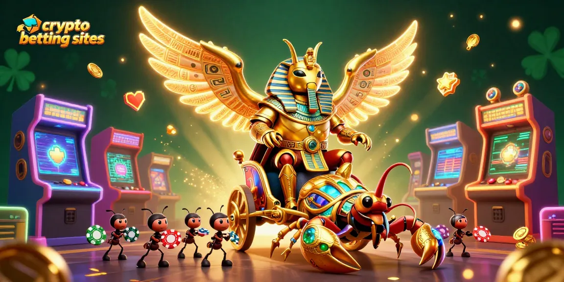 Pariez sur les sites de paris crypto avec une scène animée comprenant un scarabée doré et des éléments de jeu.