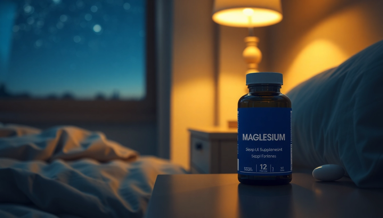 Visual representation of does magnesium help you sleep with calming supplements on a bedside table.