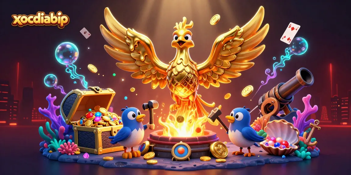 xocdiabip's exciting 3D illustration showcases a molten gold phoenix and treasure-filled underwater scene