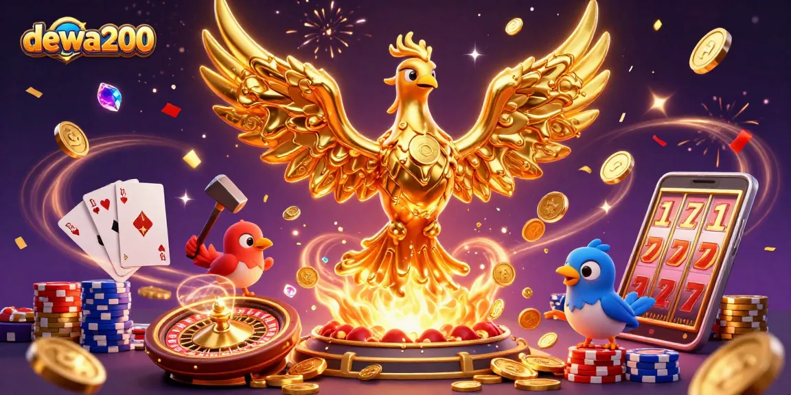 Dewa200 menghadirkan phoenix emas 3D dari logam cair, dikelilingi koin dan elemen judi