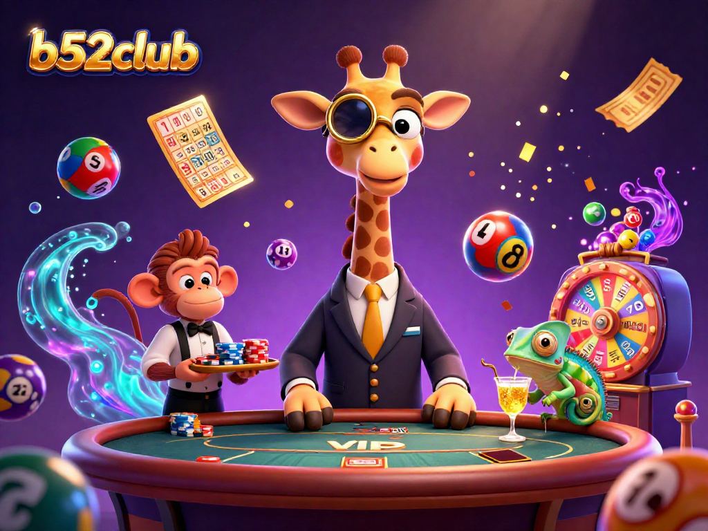 Play games at b52club with a vibrant illustration of casino characters and exciting elements.