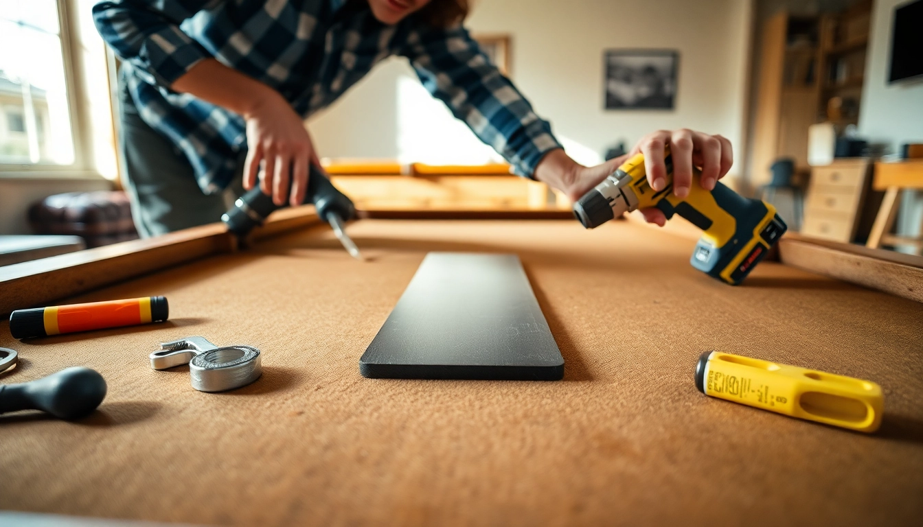 Pool Table Disassembly process with a technician skillfully removing slate and rails in a bright setting.