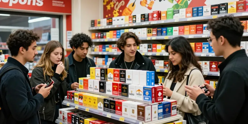 Cigarettes displayed prominently in a vibrant convenience store, showcasing cheap tobacco and cigarettes online for budget-conscious shoppers.
