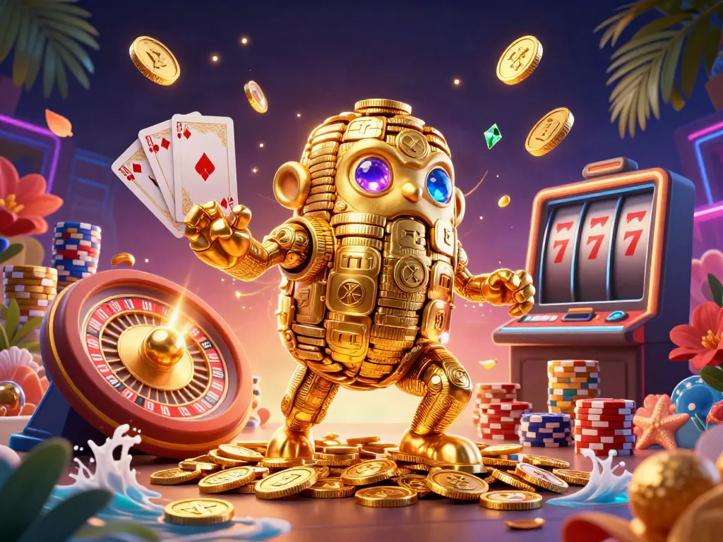 Engage in exciting slots with a dynamic illustration featuring a golden golem, coins, and casino symbols.