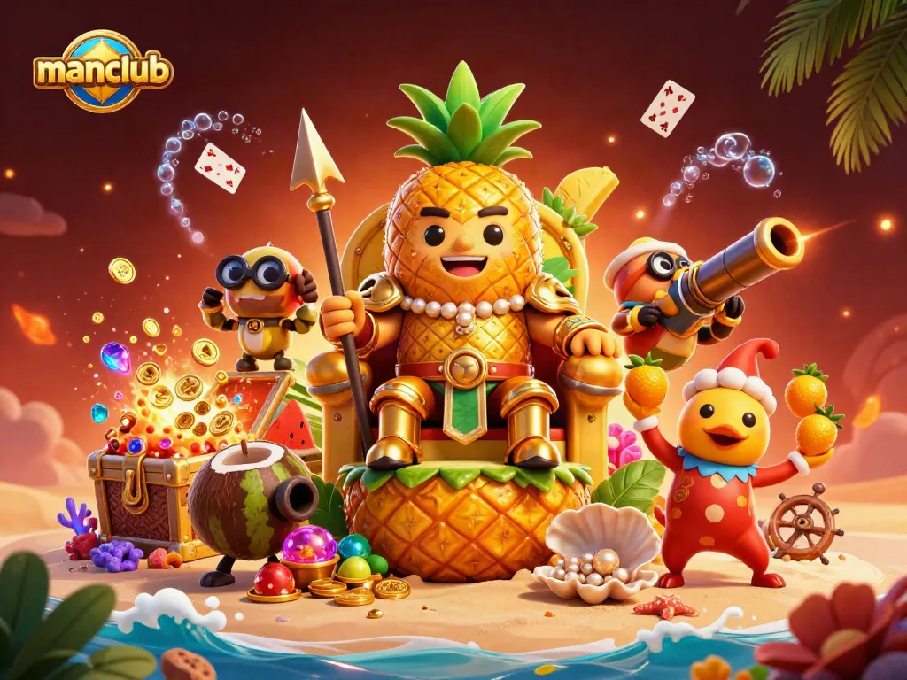 Join the thrilling action at manclub's vibrant casino scene with a golden pineapple king and treasure-filled excitement.