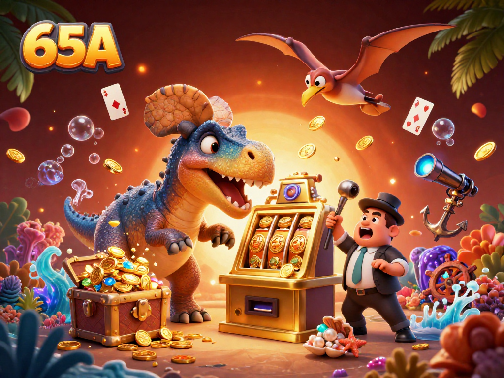 O 65A jackpot cai com um pachycephalosaurus e moedas douradas voando ao redor.