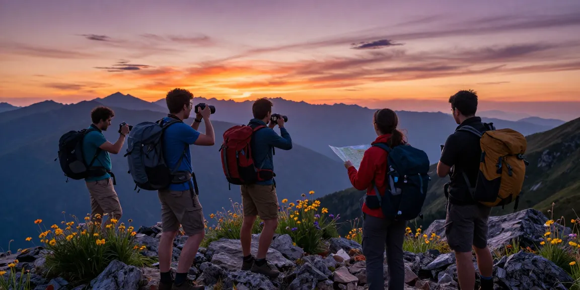 Explorers at thatmountainlife.com enjoying a scenic sunset viewpoint, capturing memories amidst stunning mountains.