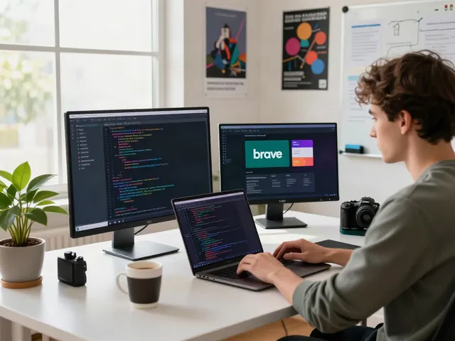 A developer working in a modern workspace focused on coding with the brave浏览器 interface and dual monitors.
