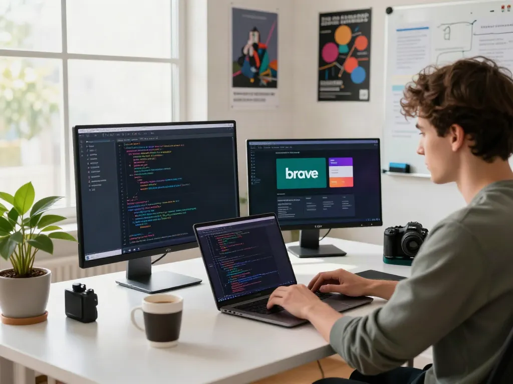 A developer working in a modern workspace focused on coding with the brave浏览器 interface and dual monitors.