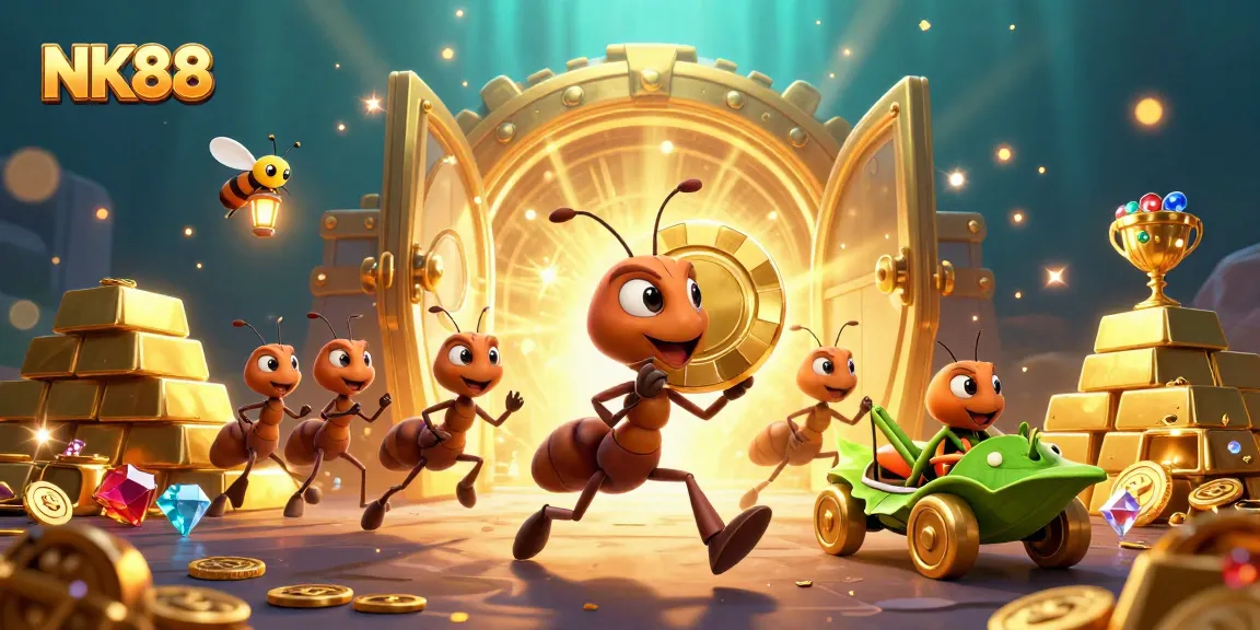 NK88 ants carrying a golden poker chip through a tunnel, showcasing an adventurous casino heist