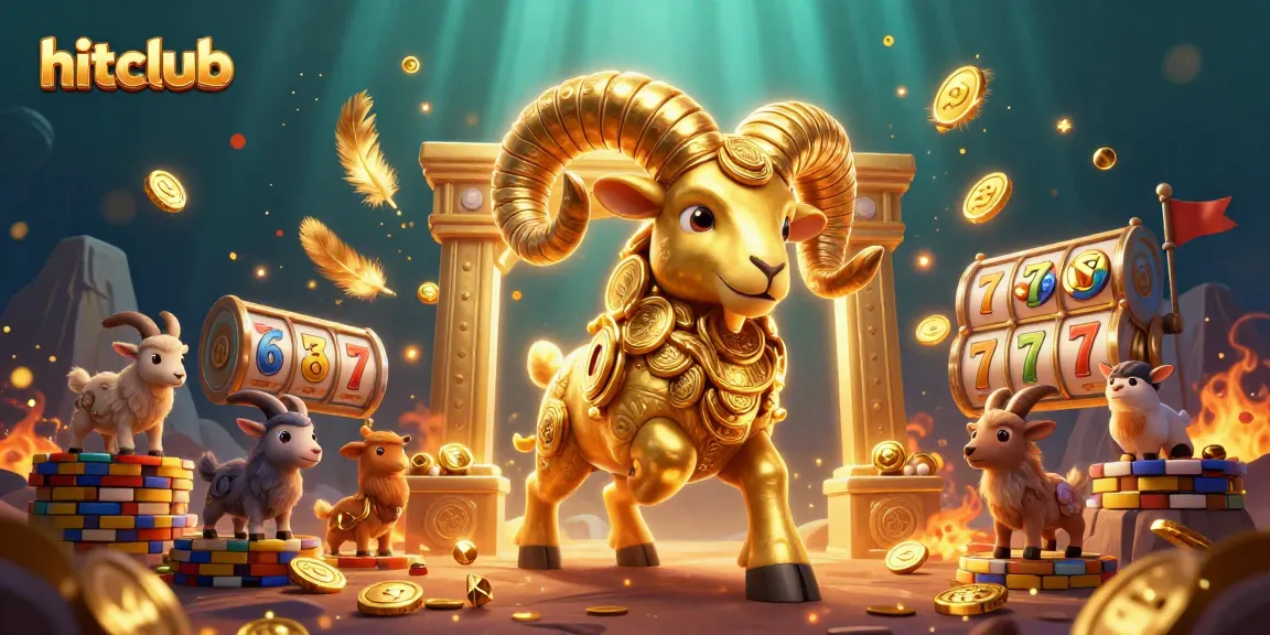 Hitclub's thrilling jackpot scene featuring a golden ram, spinning slot reels, and rich casino elements.