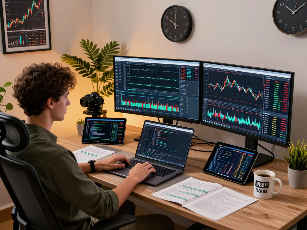 CME exchange futures data feed displayed on multiple monitors by a developer in a modern trading workspace.